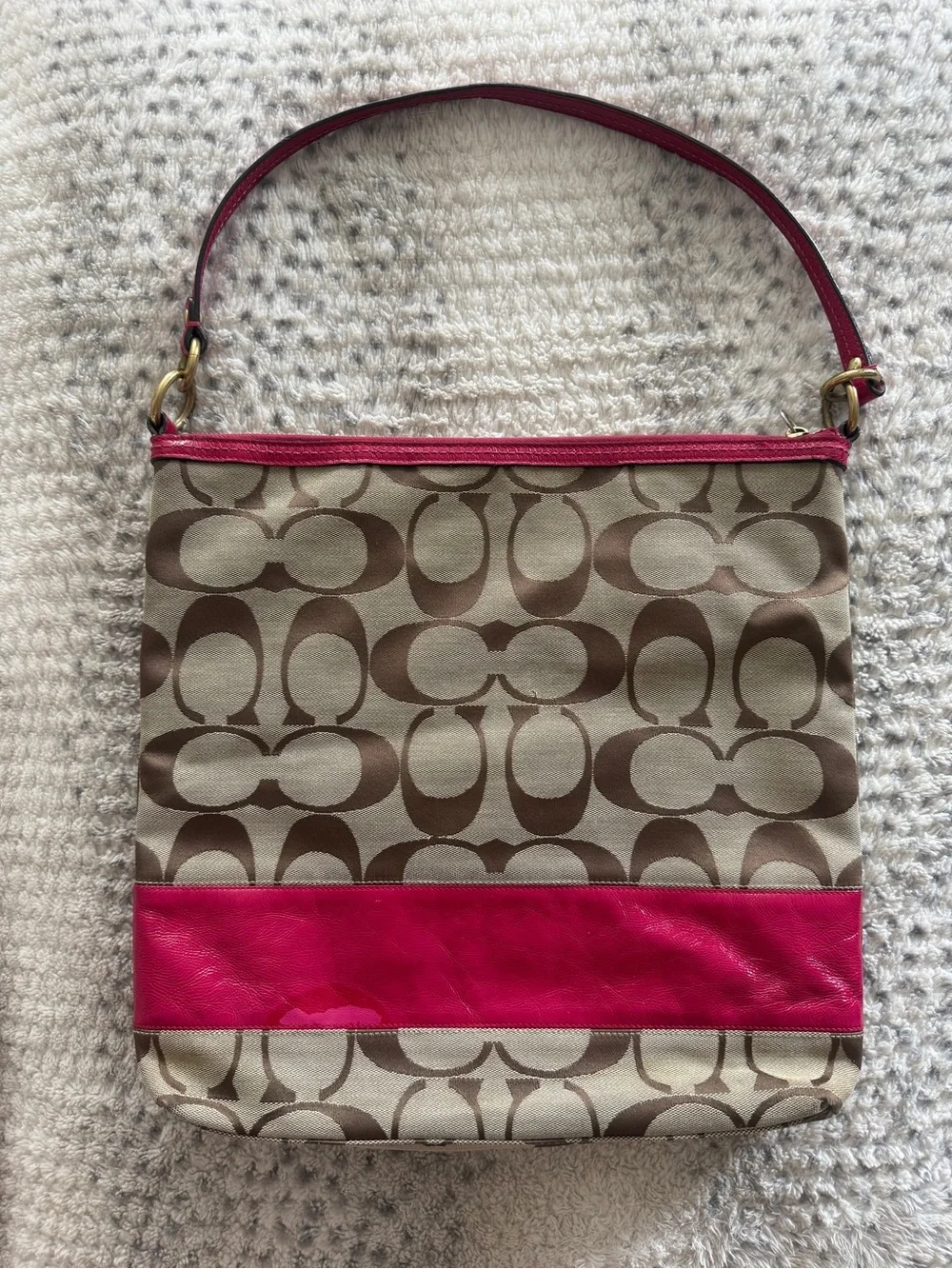 Coach Signature Canvas Shoulder Bag with Pink Trim